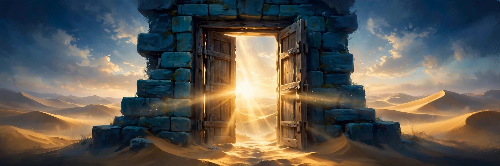 Ilustración de una puerta abierta en el desierto con la luz del amanecer entrando